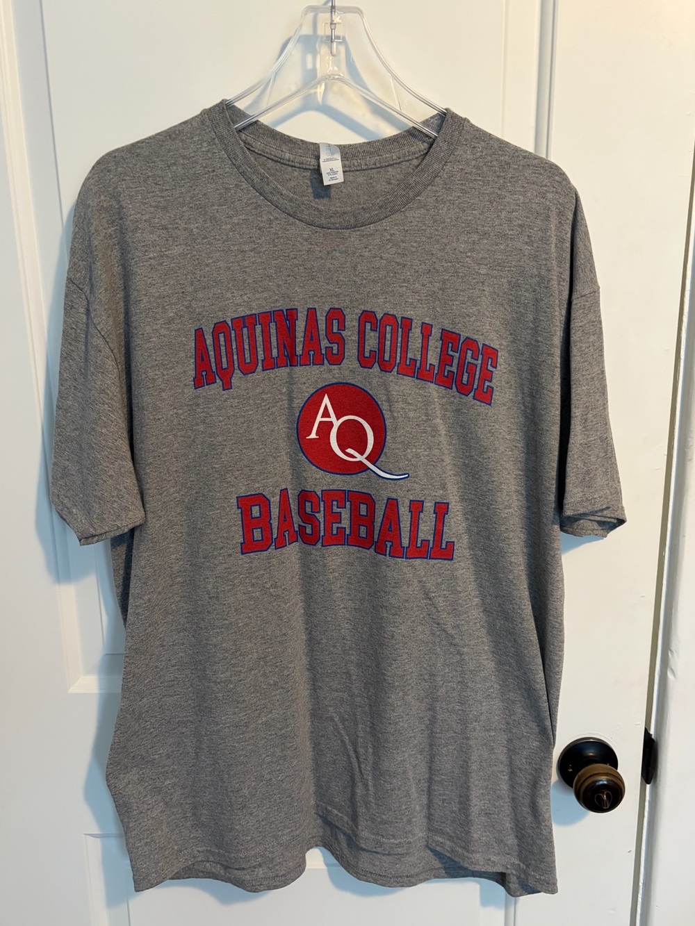 Jerzees Grey Aquinas College Baseball Tee with Red & Blue Logo